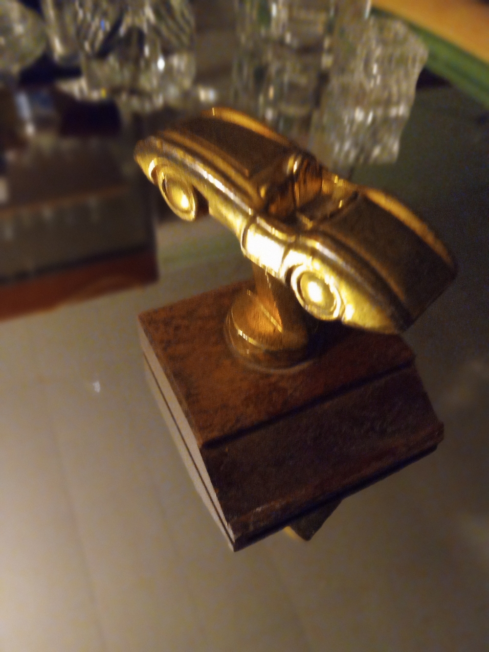 Vintage Mid-Century Gold Metal Sports Car Trophy – "Hub Cap" Stamped Base 1950s
